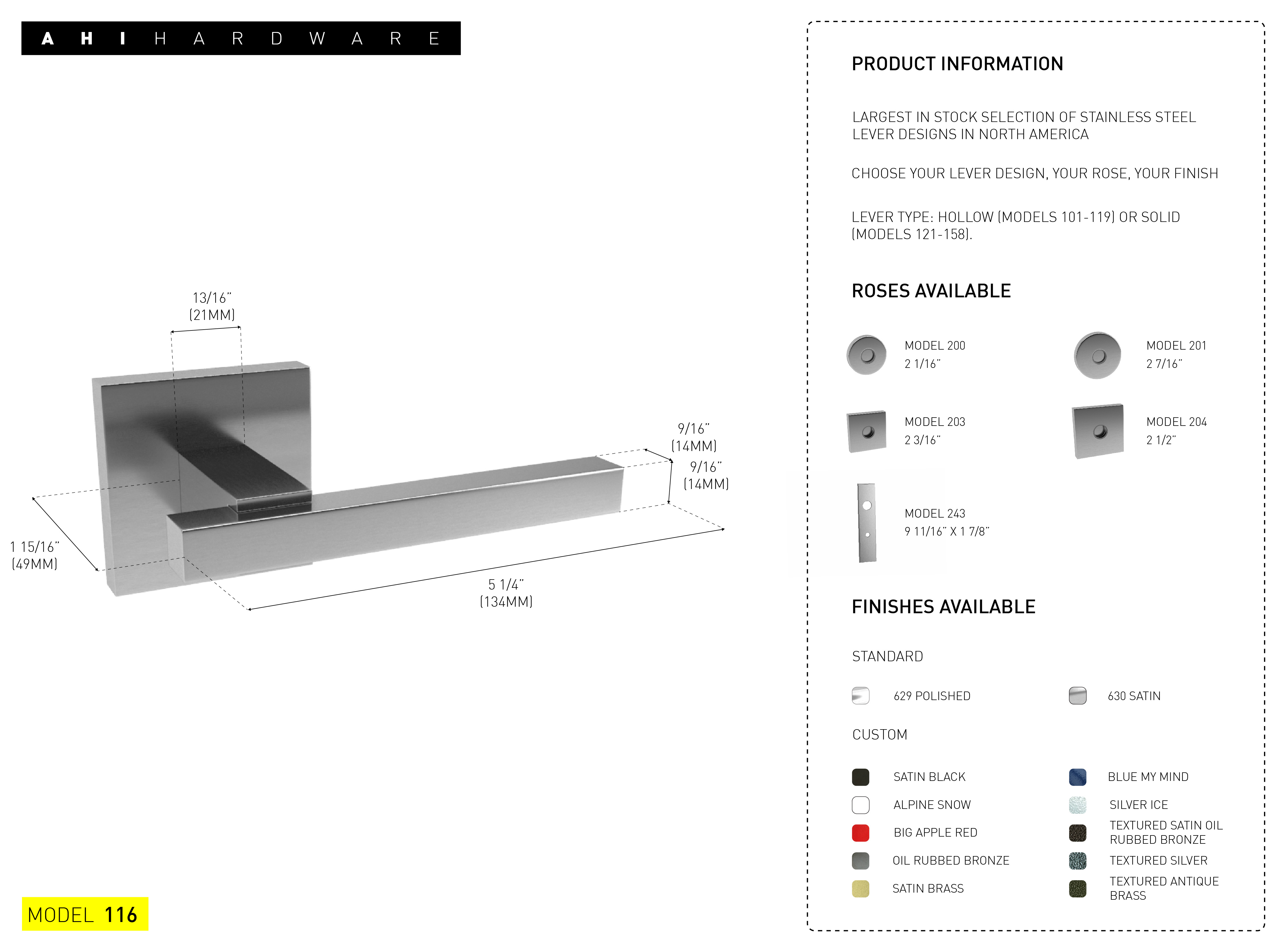 AHI Hardware Montreal Door Hardware Products No.116 Hollow Levers