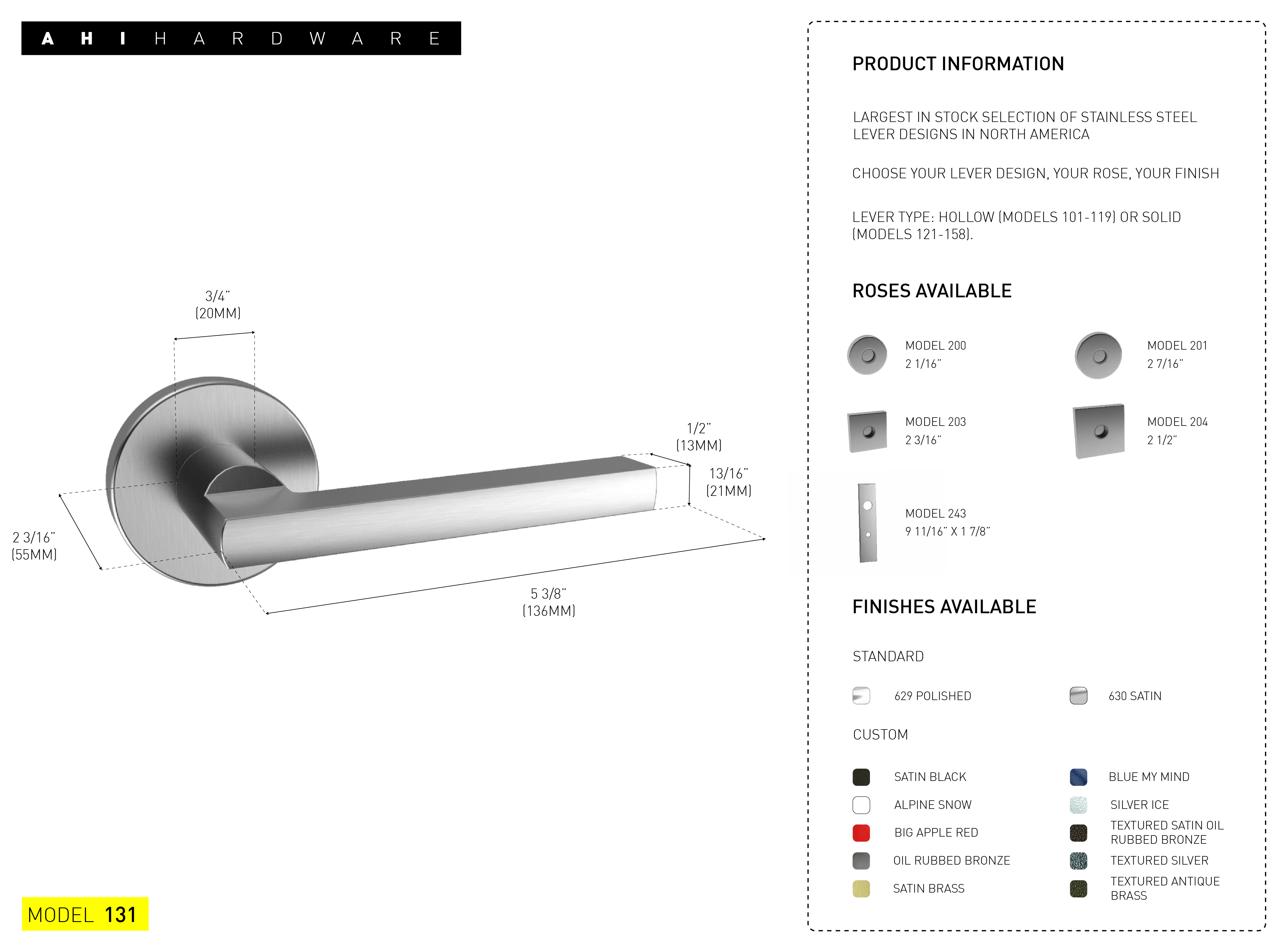 AHI Hardware Montreal Door Hardware Products No.131 Solid Levers