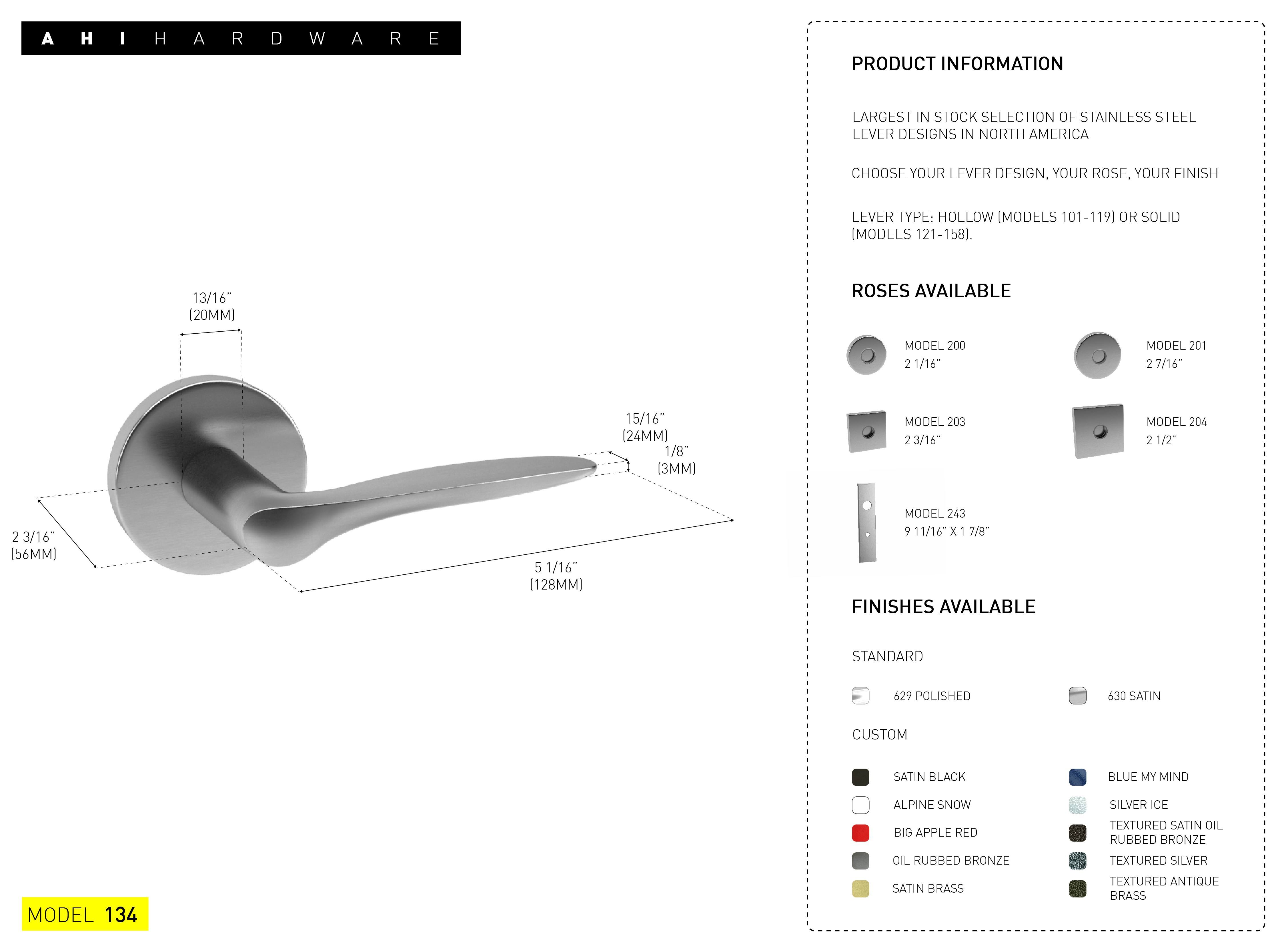 AHI 134 Series Solid Lever Set, Stainless Steel